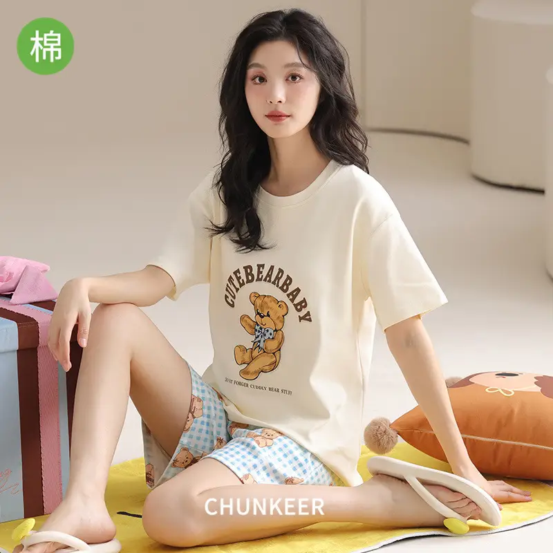 Summer Pajamas, Pure Cotton, Women's Summer Short-Sleeved Shorts Set, Summer Casual Cotton Large Size Home Clothes, Can Be Worn Outside, Wholesale
