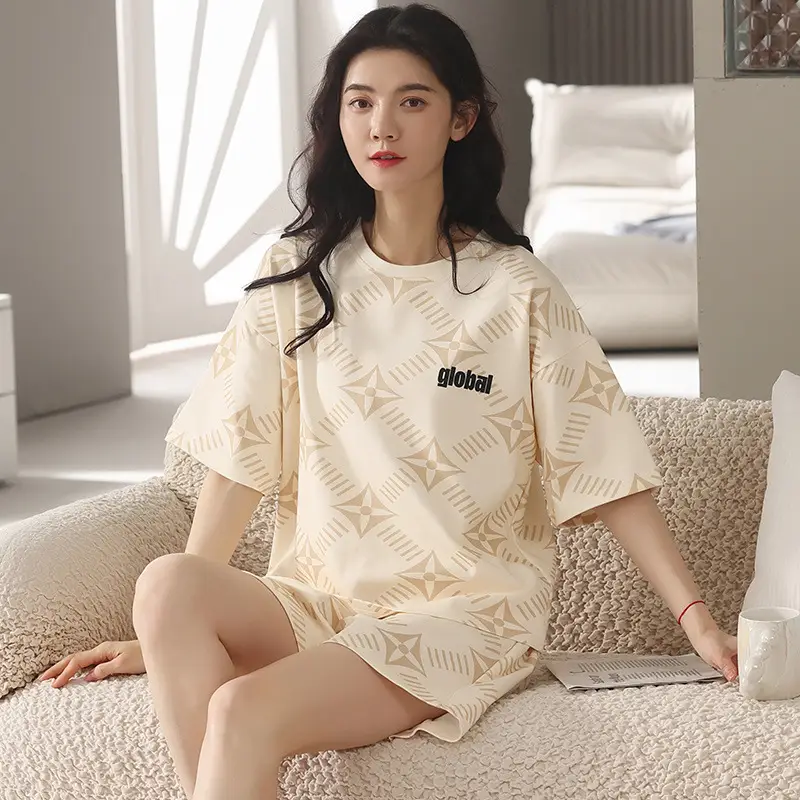 Summer Pajamas, Pure Cotton, Women's Summer Short-Sleeved Shorts Set, Summer Casual Cotton Large Size Home Clothes, Can Be Worn Outside, Wholesale
