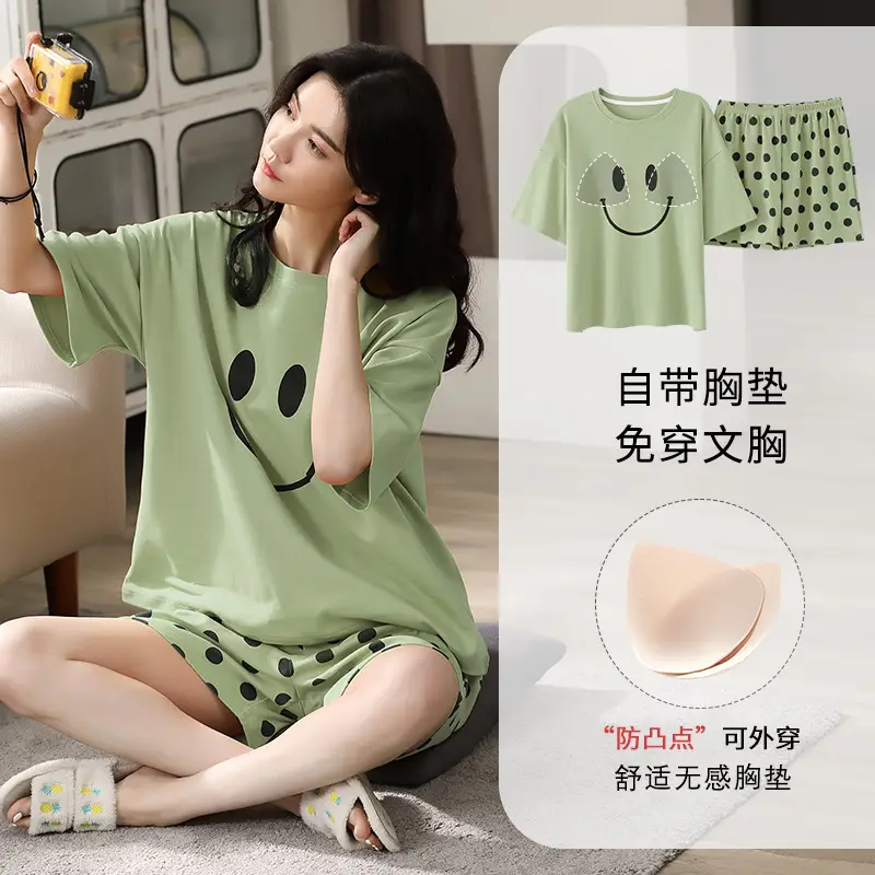 Summer Pajamas, Pure Cotton, Women's Summer Short-Sleeved Shorts Set, Summer Casual Cotton Large Size Home Clothes, Can Be Worn Outside, Wholesale