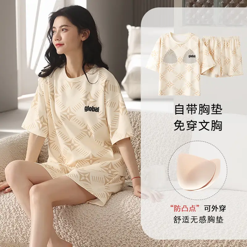 Summer Pajamas, Pure Cotton, Women's Summer Short-Sleeved Shorts Set, Summer Casual Cotton Large Size Home Clothes, Can Be Worn Outside, Wholesale