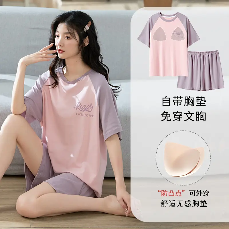 Summer Pajamas, Pure Cotton, Women's Summer Short-Sleeved Shorts Set, Summer Casual Cotton Large Size Home Clothes, Can Be Worn Outside, Wholesale
