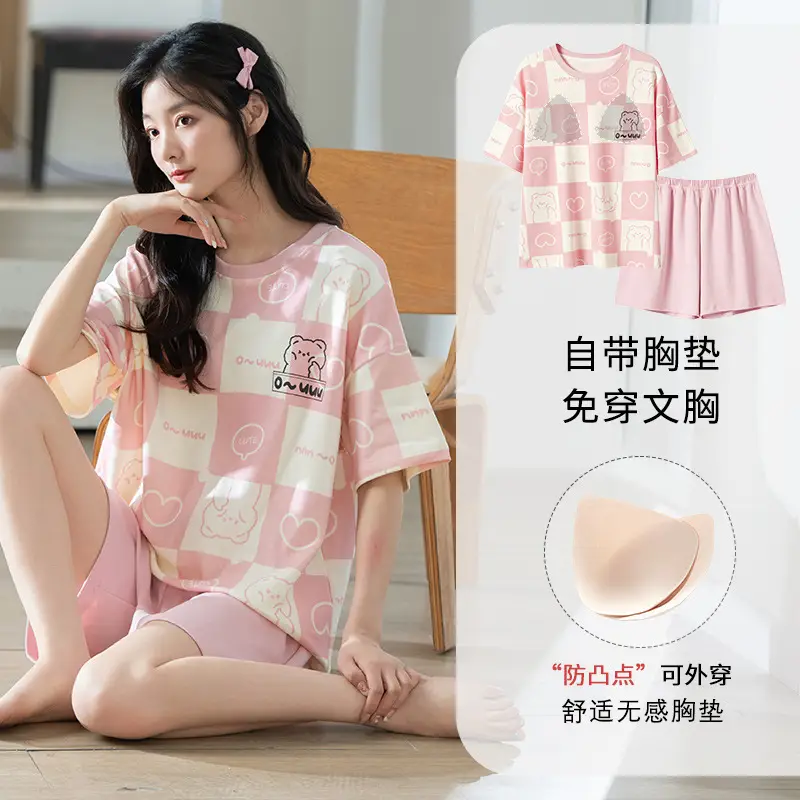 Summer Pajamas, Pure Cotton, Women's Summer Short-Sleeved Shorts Set, Summer Casual Cotton Large Size Home Clothes, Can Be Worn Outside, Wholesale