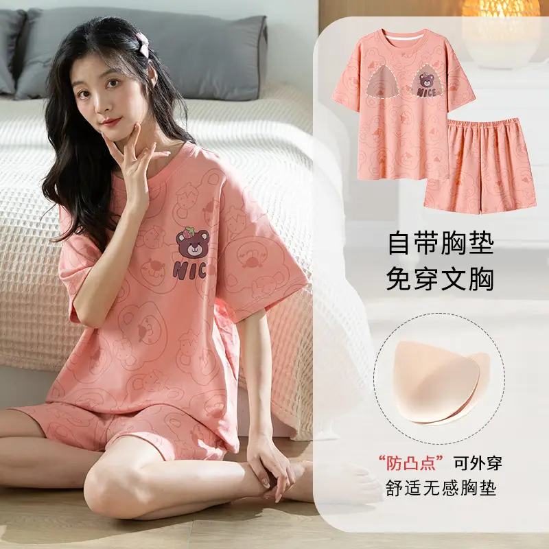 Summer Pajamas, Pure Cotton, Women's Summer Short-Sleeved Shorts Set, Summer Casual Cotton Large Size Home Clothes, Can Be Worn Outside, Wholesale