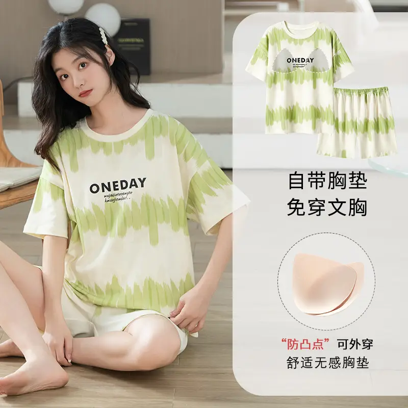 Summer Pajamas, Pure Cotton, Women's Summer Short-Sleeved Shorts Set, Summer Casual Cotton Large Size Home Clothes, Can Be Worn Outside, Wholesale