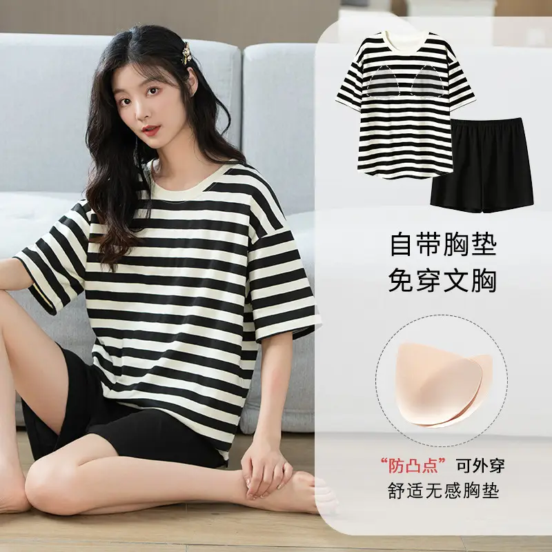 Summer Pajamas, Pure Cotton, Women's Summer Short-Sleeved Shorts Set, Summer Casual Cotton Large Size Home Clothes, Can Be Worn Outside, Wholesale