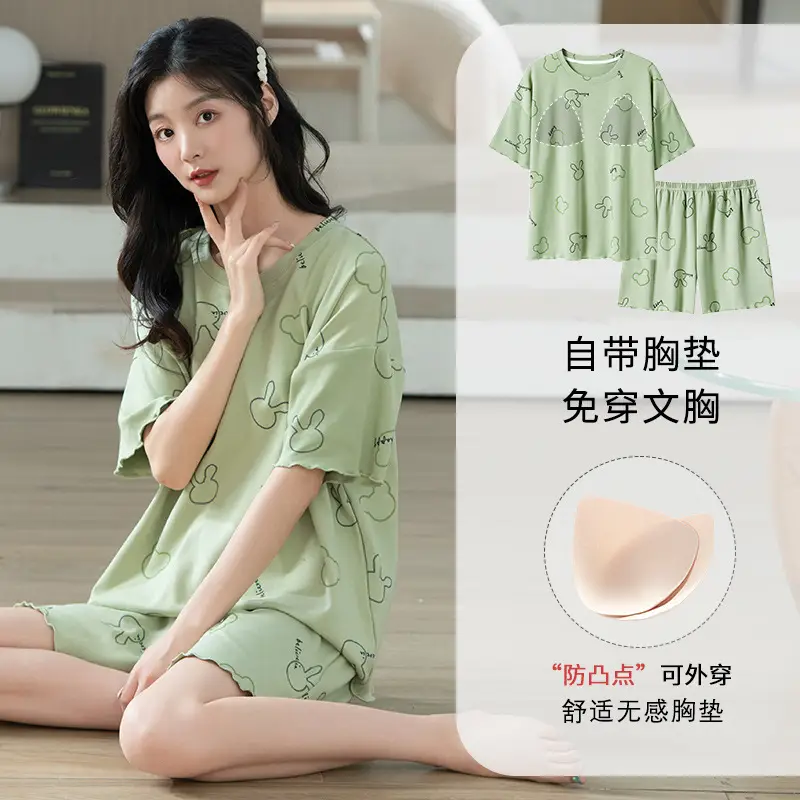 Summer Pajamas, Pure Cotton, Women's Summer Short-Sleeved Shorts Set, Summer Casual Cotton Large Size Home Clothes, Can Be Worn Outside, Wholesale