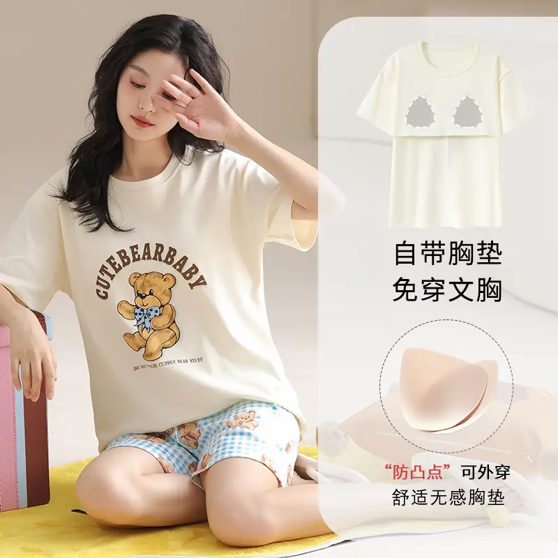 Summer Pajamas, Pure Cotton, Women's Summer Short-Sleeved Shorts Set, Summer Casual Cotton Large Size Home Clothes, Can Be Worn Outside, Wholesale
