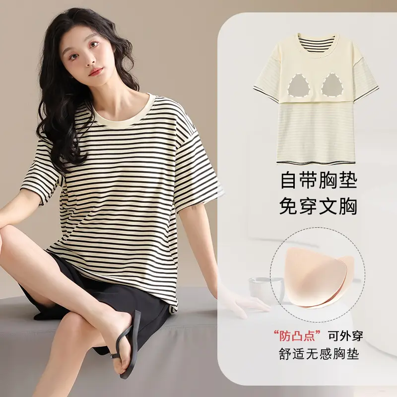 Summer Pajamas, Pure Cotton, Women's Summer Short-Sleeved Shorts Set, Summer Casual Cotton Large Size Home Clothes, Can Be Worn Outside, Wholesale