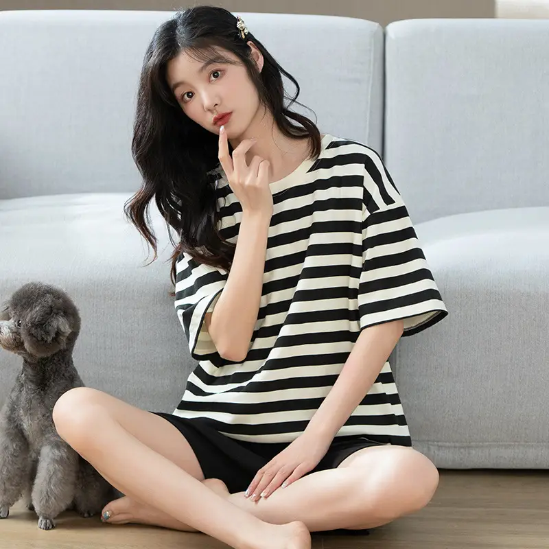Summer Pajamas, Pure Cotton, Women's Summer Short-Sleeved Shorts Set, Summer Casual Cotton Large Size Home Clothes, Can Be Worn Outside, Wholesale