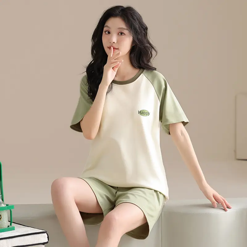 Summer Pajamas, Pure Cotton, Women's Summer Short-Sleeved Shorts Set, Summer Casual Cotton Large Size Home Clothes, Can Be Worn Outside, Wholesale