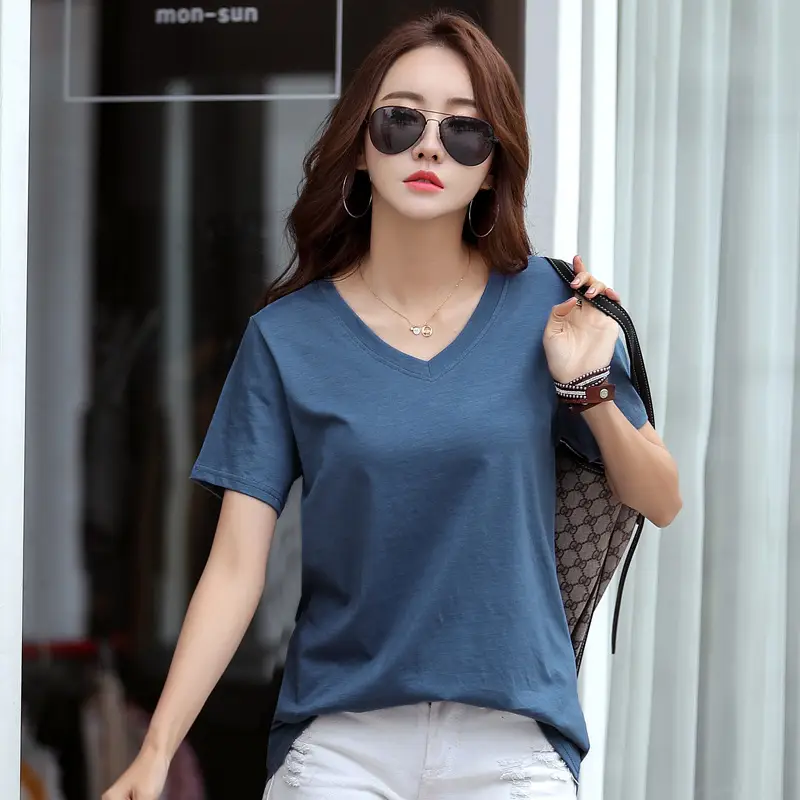 Women Cotton V-Neck T-Shirt Plus Size Loose Fit