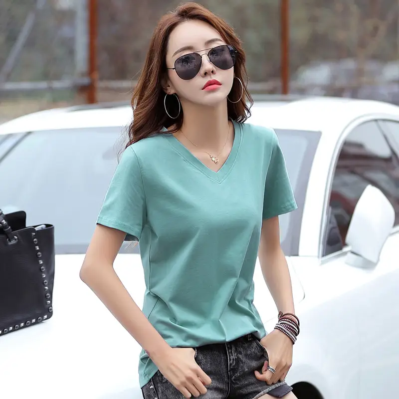 Women Cotton V-Neck T-Shirt Plus Size Loose Fit