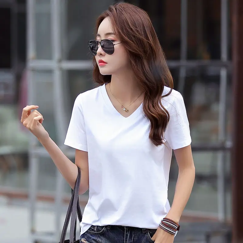 Women Cotton V-Neck T-Shirt Plus Size Loose Fit