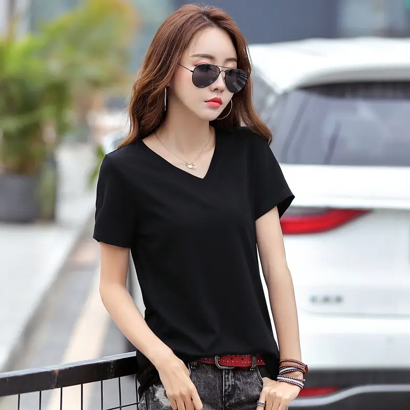 Women Cotton V-Neck T-Shirt Plus Size Loose Fit