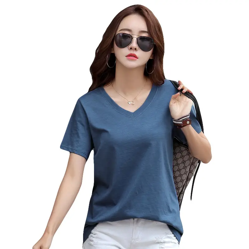 Women Cotton V-Neck T-Shirt Plus Size Loose Fit