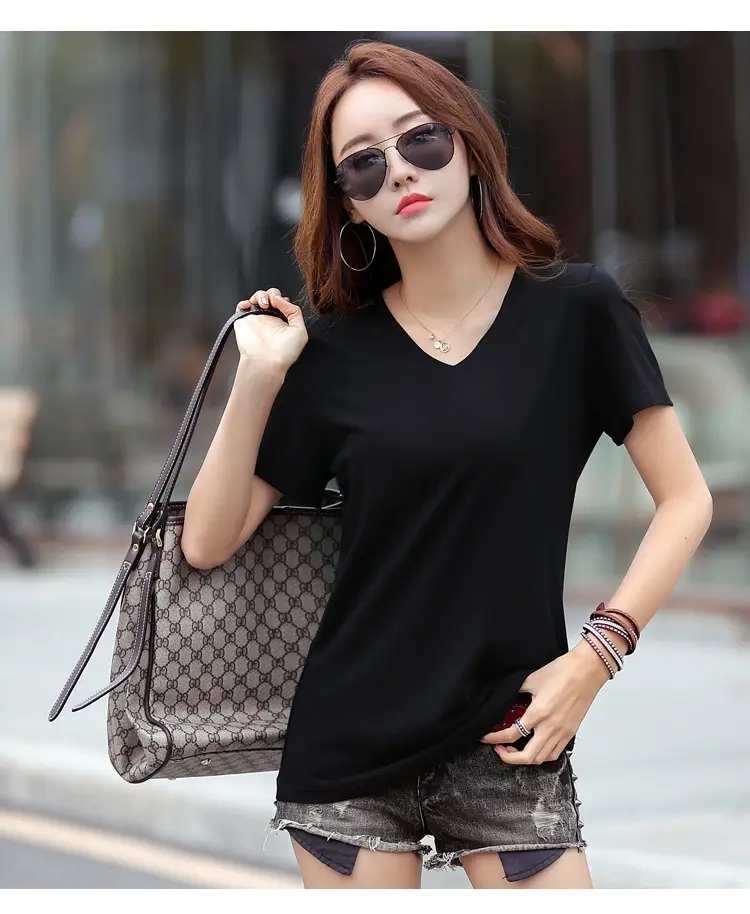 Women Cotton V-Neck T-Shirt Plus Size Loose Fit — feature 12