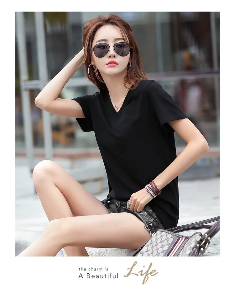 Women Cotton V-Neck T-Shirt Plus Size Loose Fit — feature 13