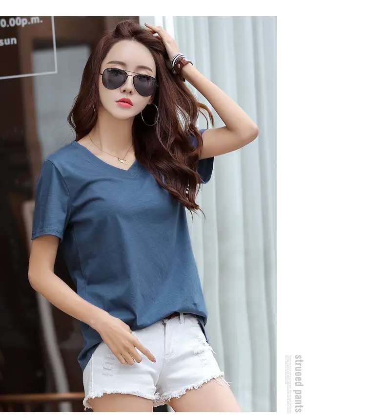 Women Cotton V-Neck T-Shirt Plus Size Loose Fit — feature 16