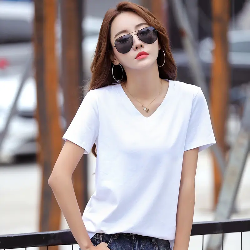Women Cotton V-Neck T-Shirt Plus Size Loose Fit