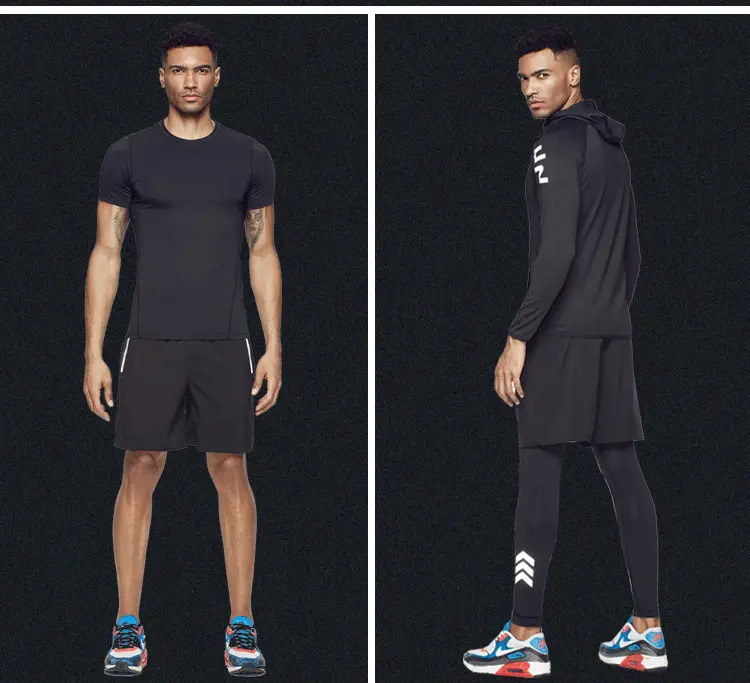 Men Black Running Track Suit with Tights & Shorts Set