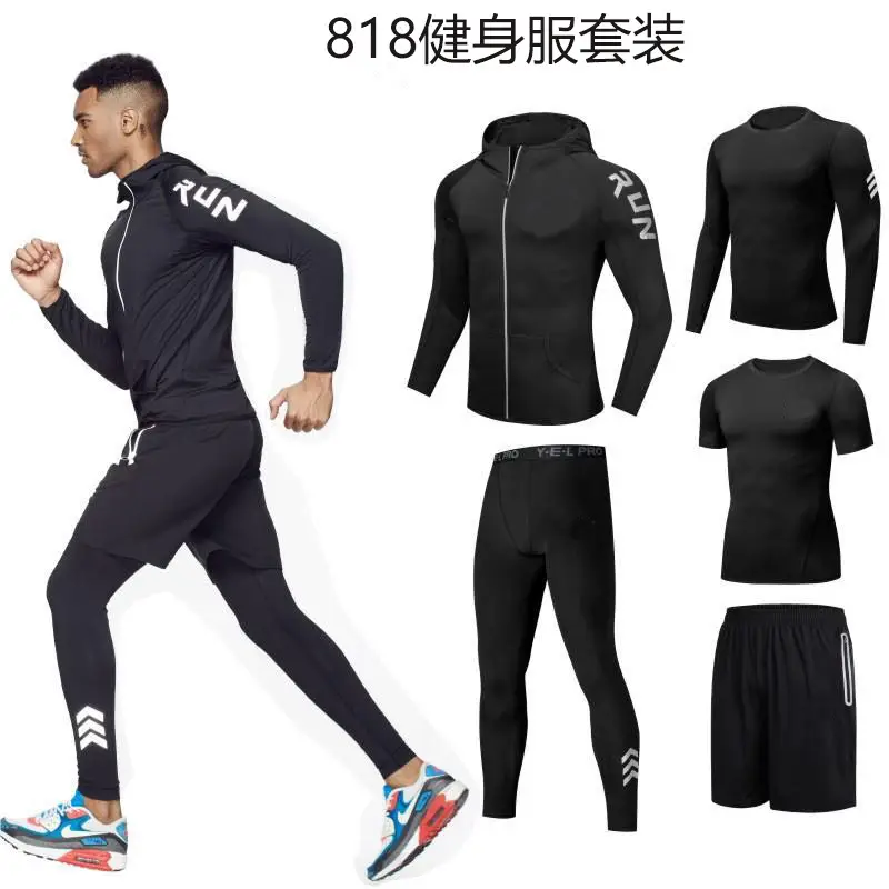Men Black Running Track Suit with Tights & Shorts Set