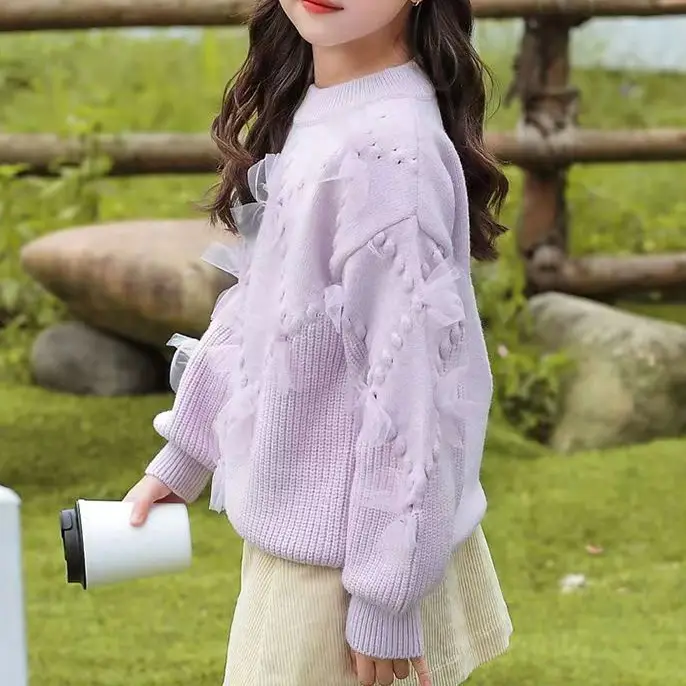 Girls' Purple Floral Knitted Sweater for Girls - Image 4
