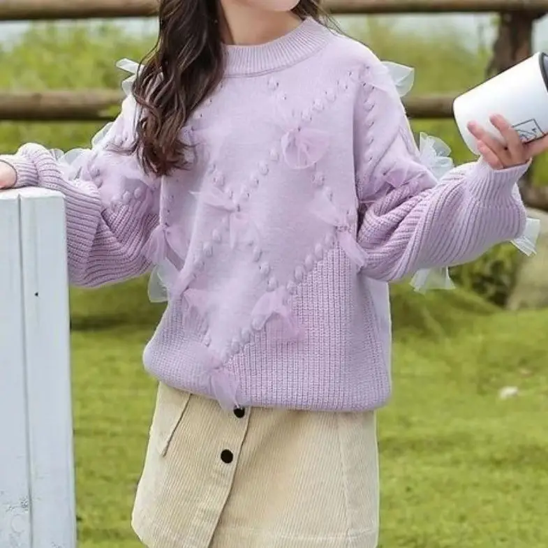 Girls' Purple Floral Knitted Sweater for Girls - Image 5