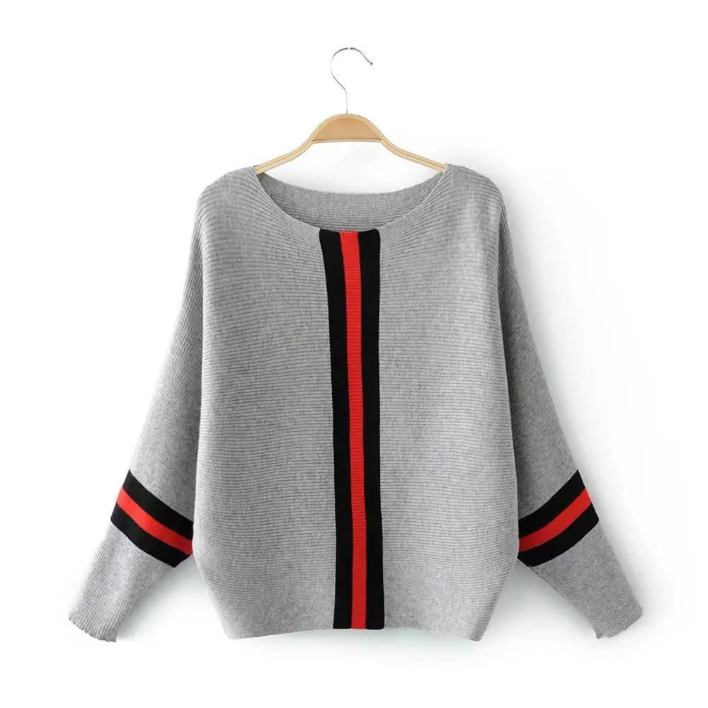 Women Grey Red Stripe T-Shirt Collar Sleeve Trim