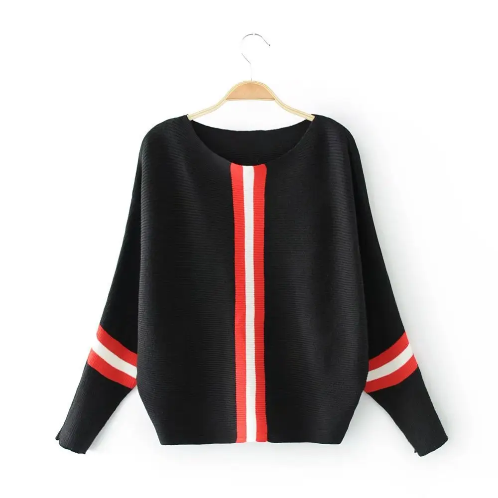 Women Grey Red Stripe T-Shirt Collar Sleeve Trim