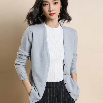Women Wool V-Neck Cardigan Grey 2020 Early Spring - Image 17