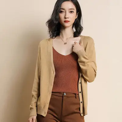 Women Wool V-Neck Cardigan Grey 2020 Early Spring - Image 18