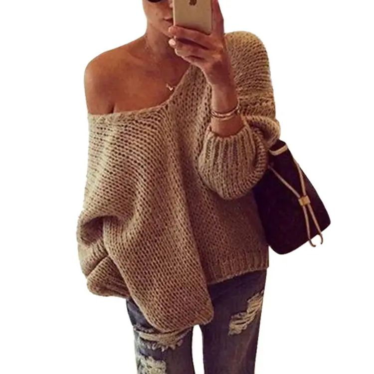 2025 Knit Sweater Women Off-Shoulder Backless Pullover Grey