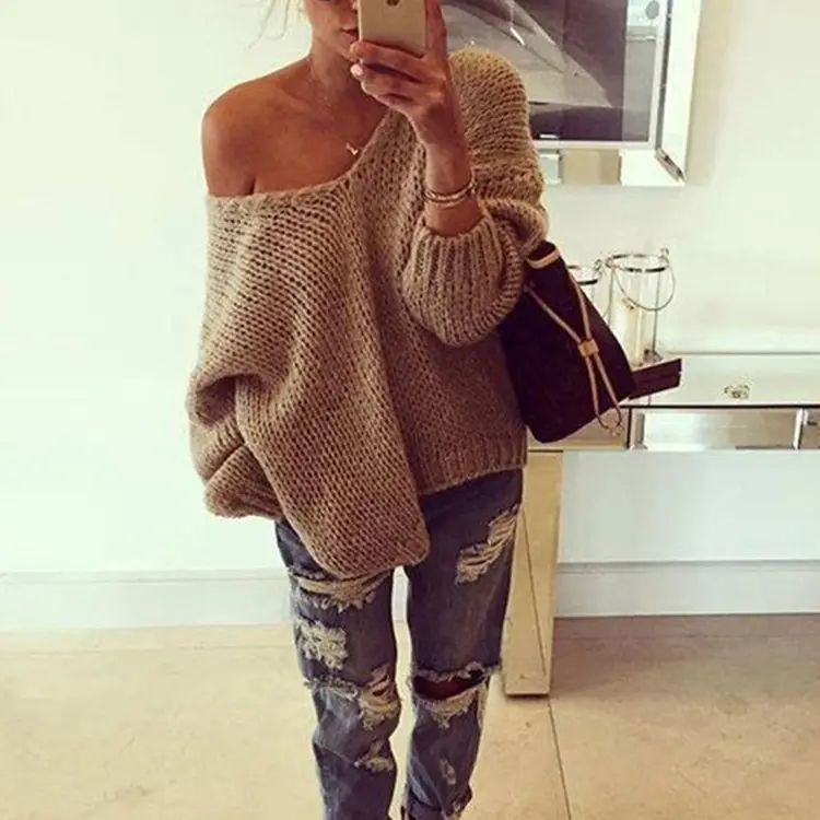 2025 Knit Sweater Women Off-Shoulder Backless Pullover Grey