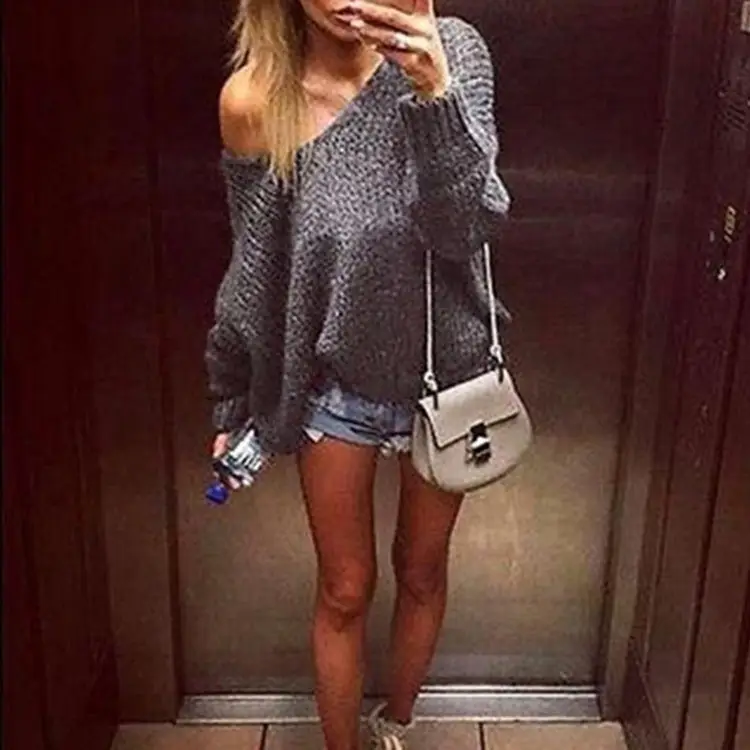 2025 Knit Sweater Women Off-Shoulder Backless Pullover Grey