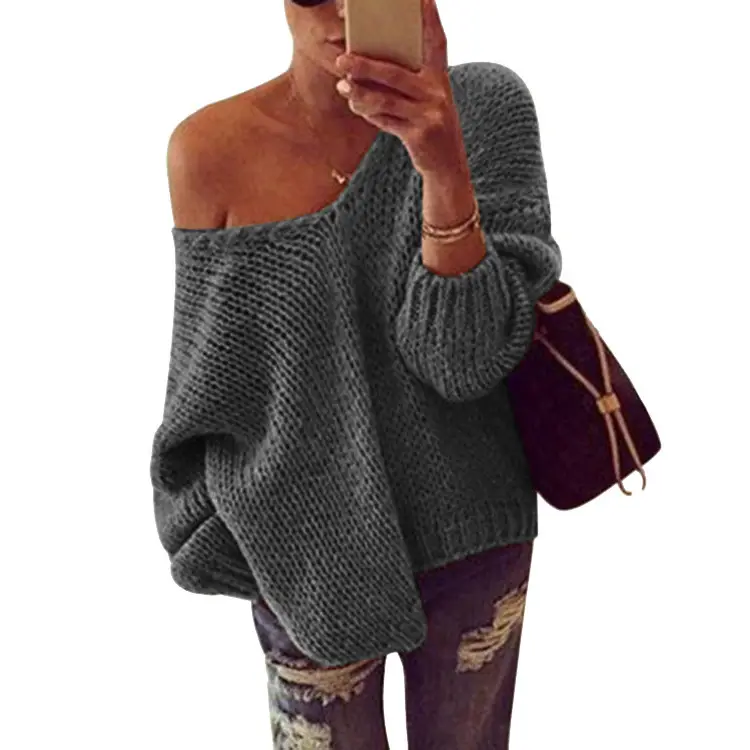 2025 Knit Sweater Women Off-Shoulder Backless Pullover Grey