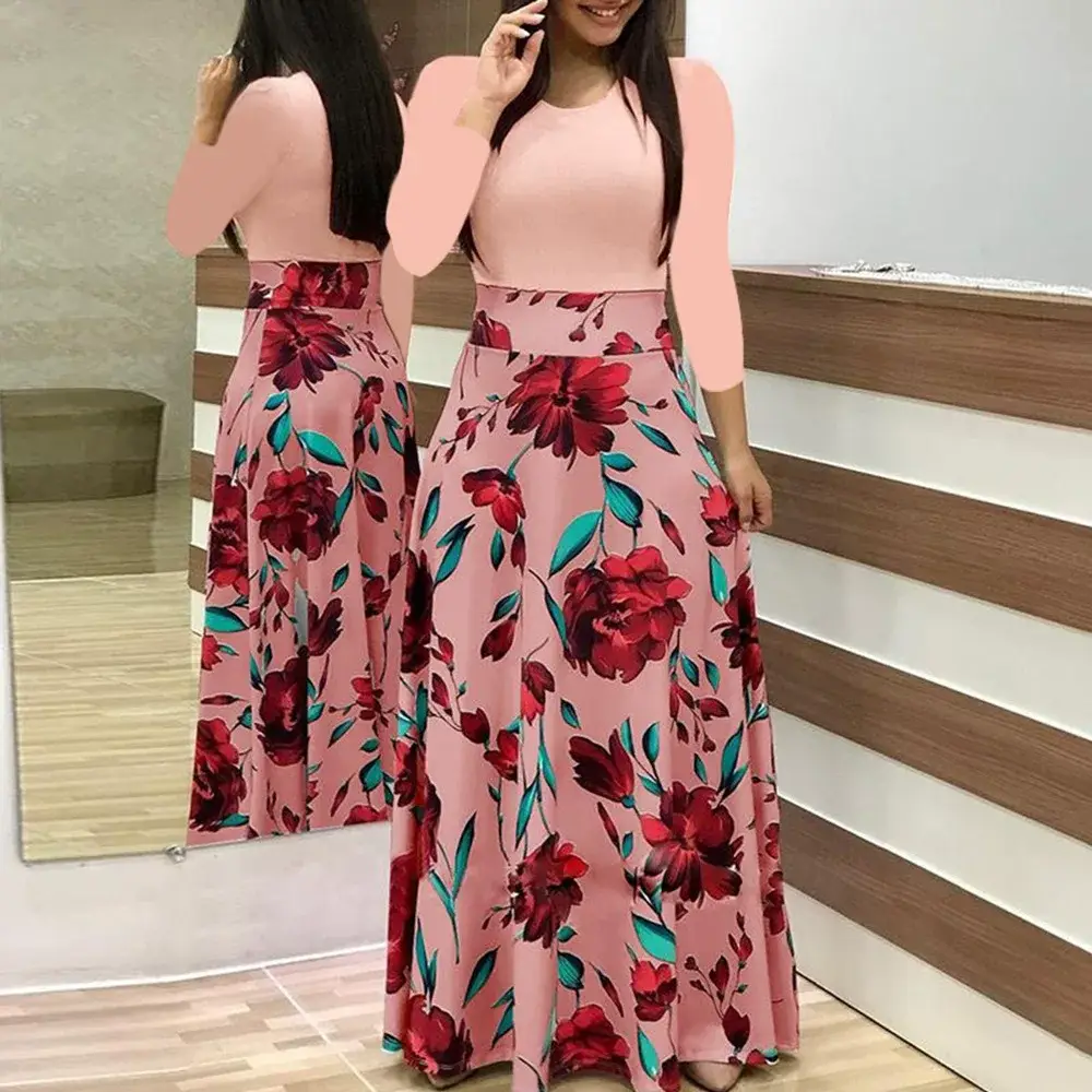 Women's Printed Long Dress Green Red Floral 2023 — feature 6