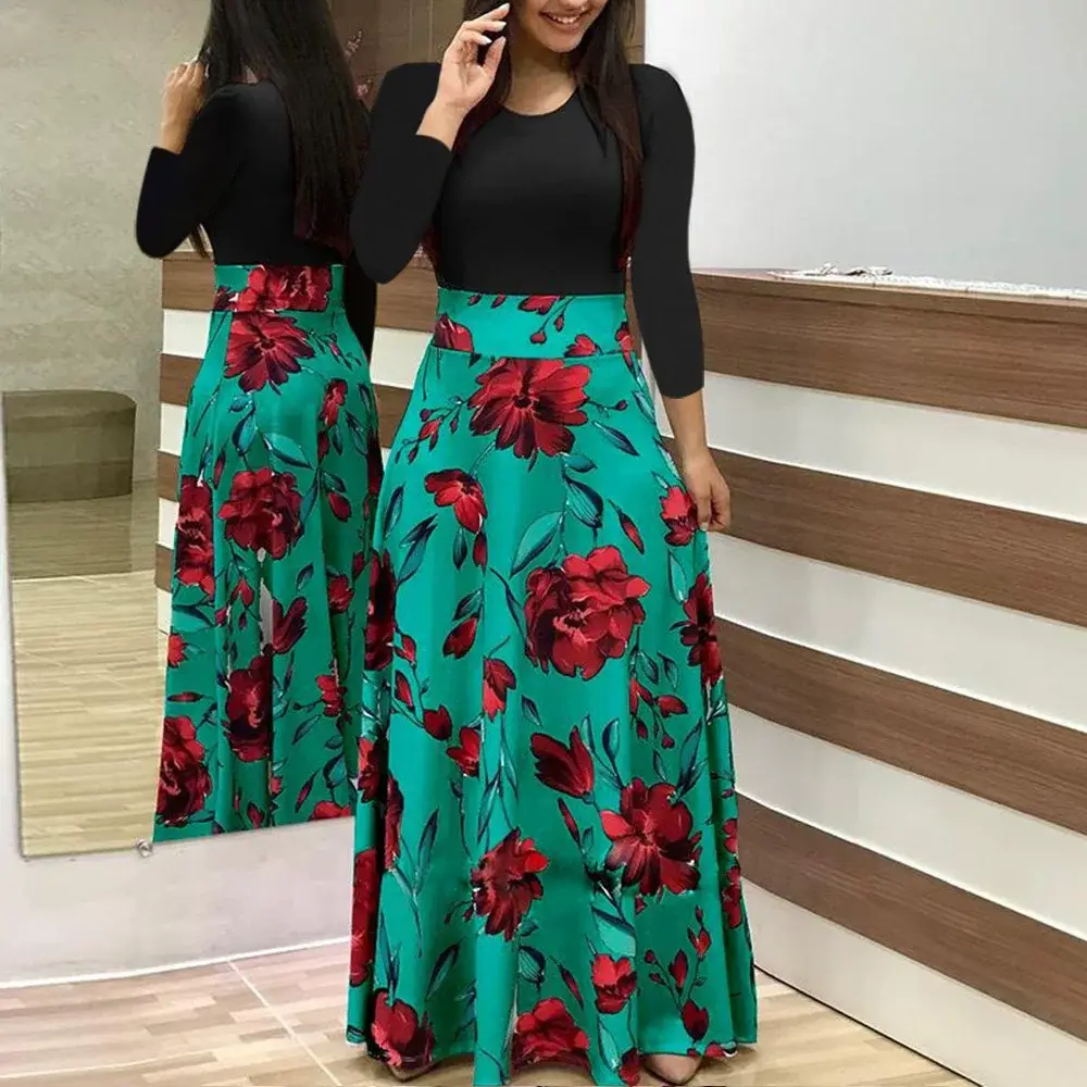 Women's Printed Long Dress Green Red Floral 2023 — feature 7
