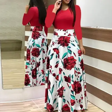 Women's Printed Long Dress Green Red Floral 2023 - Image 2