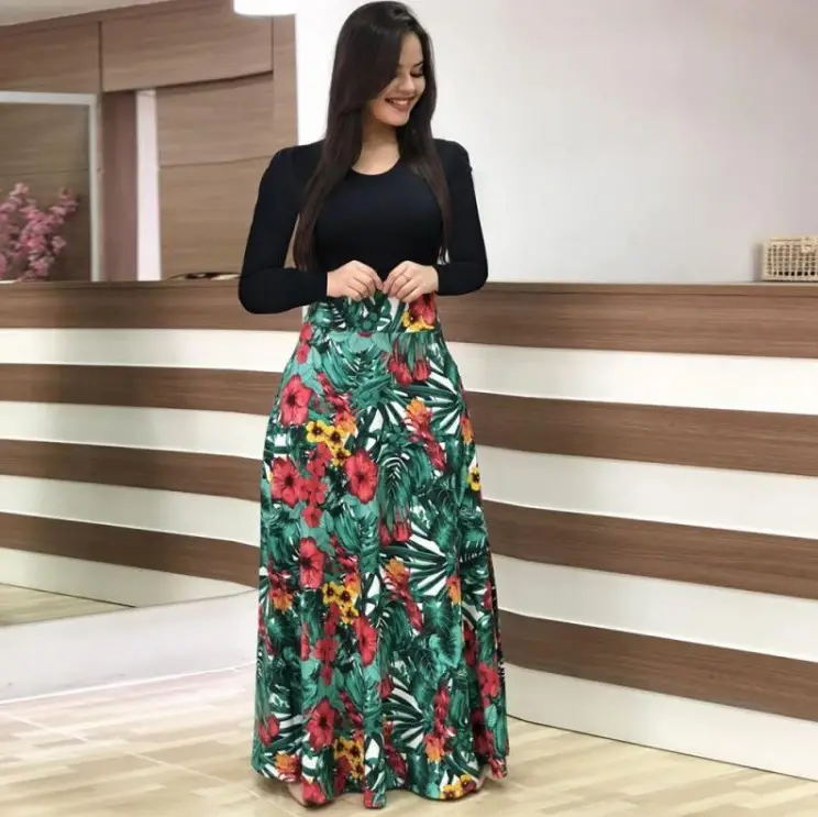 Women's Printed Long Dress Green Red Floral 2023 - Image 5