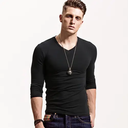 Men V-Neck Long Sleeve T-Shirt White