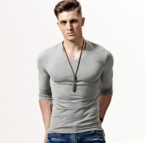 Men V-Neck Long Sleeve T-Shirt White