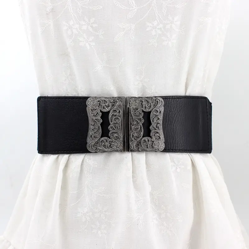 Black Belted Waist Square Buckle Decorative Belt for Women