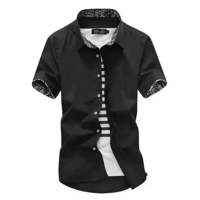 Men Korean Style Slim Fit Short Sleeve Shirt Black White - Image 2