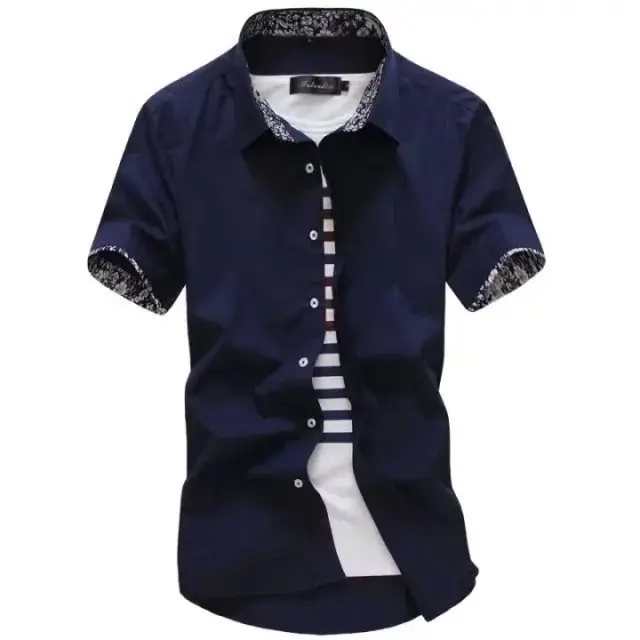 Men Korean Style Slim Fit Short Sleeve Shirt Black White - Image 5