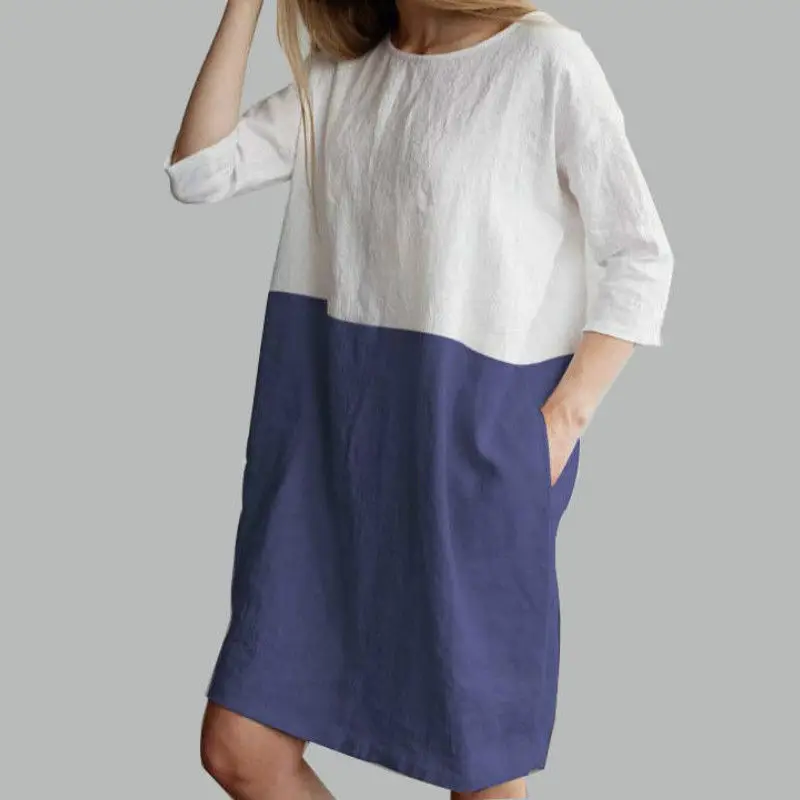 2018 Loose Cotton Linen Skirt Tunic Round Neck Seven Point Sleeve - Image 8