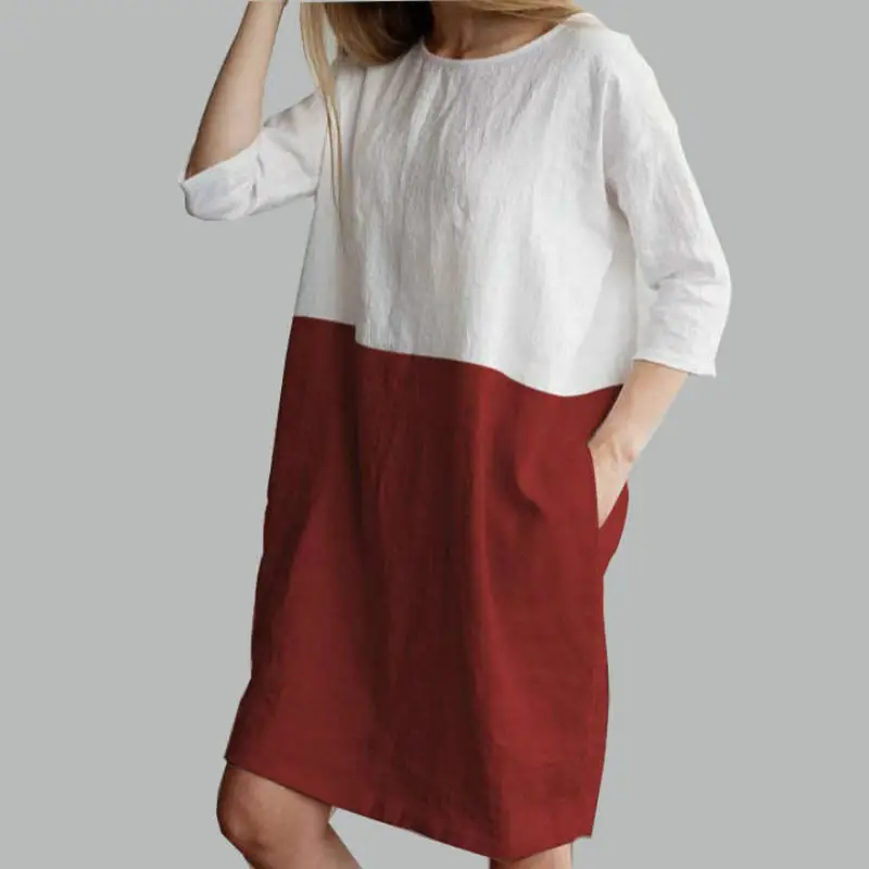 2018 Loose Cotton Linen Skirt Tunic Round Neck Seven Point Sleeve - Image 9