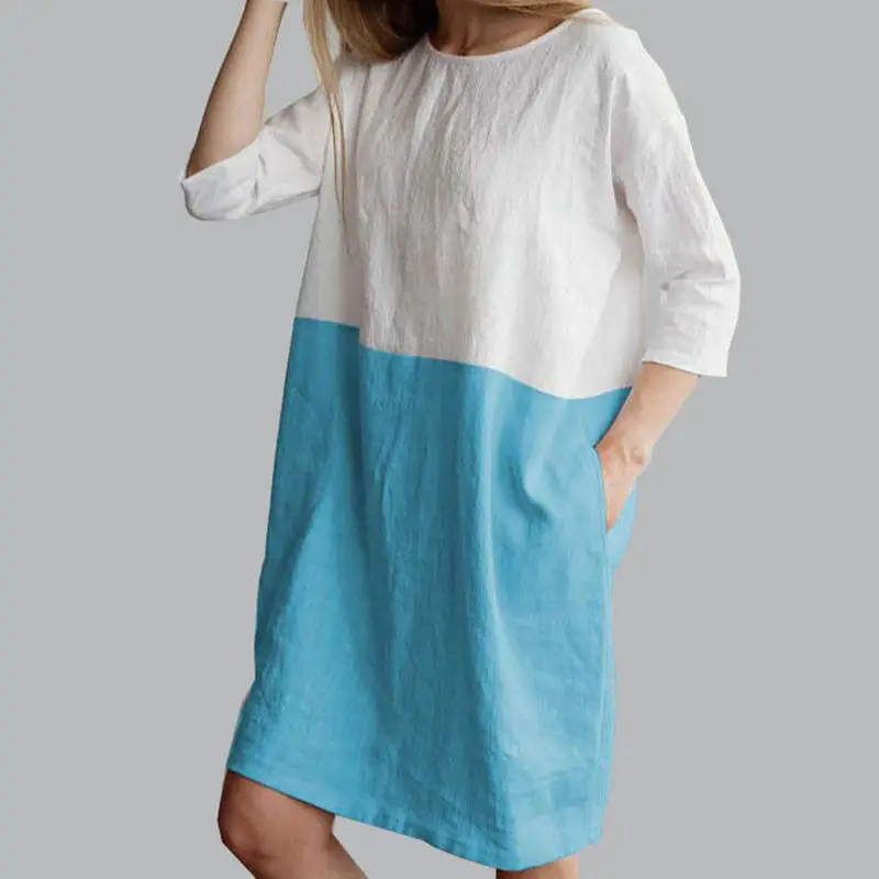 2018 Loose Cotton Linen Skirt Tunic Round Neck Seven Point Sleeve - Image 10