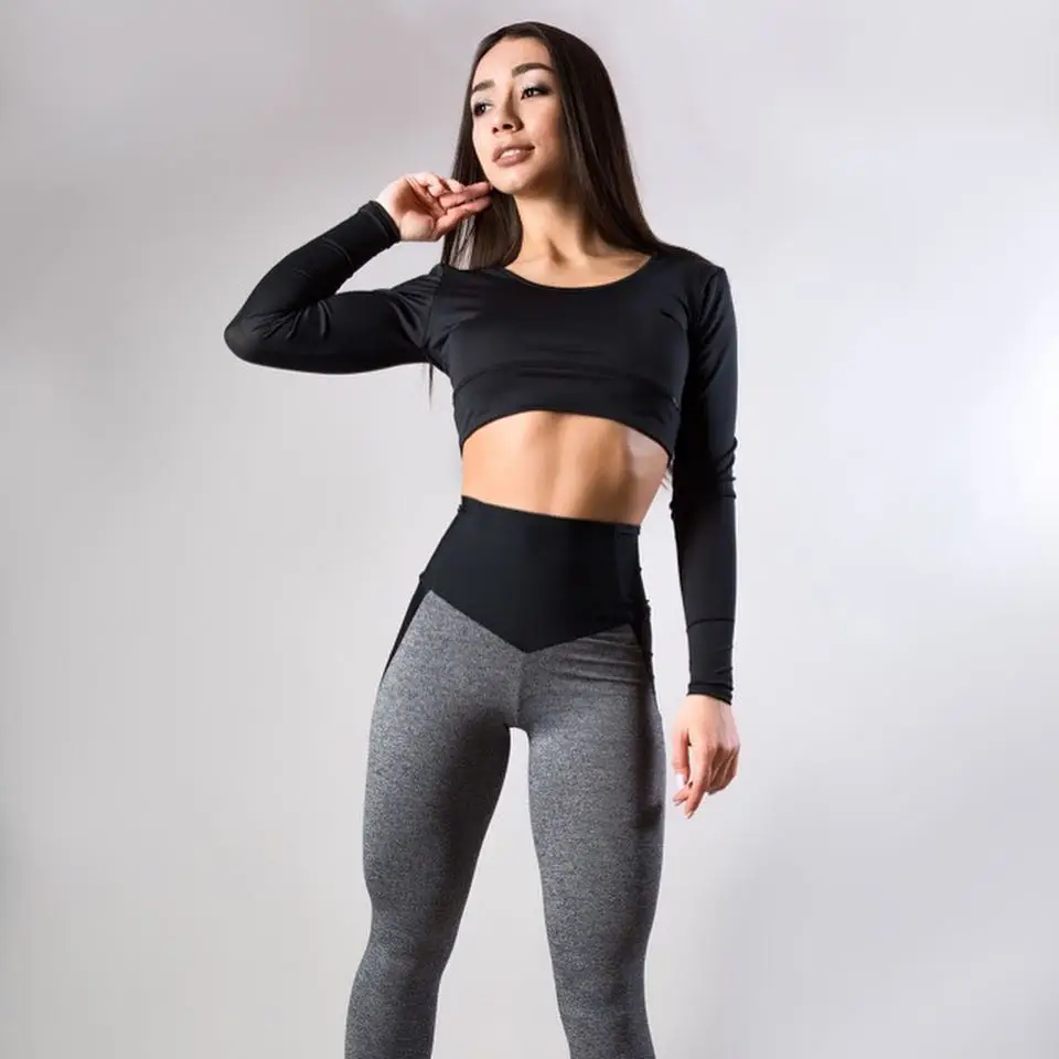 Grey Sports Yoga Leggings with Black Side Patch — feature 2