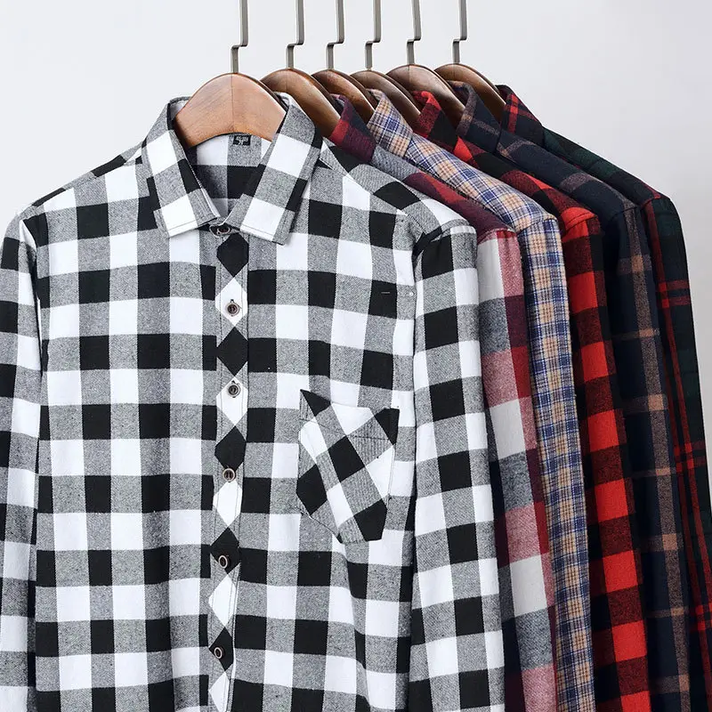 Brushed Plaid Shirt Men Slim Fit No Ironing