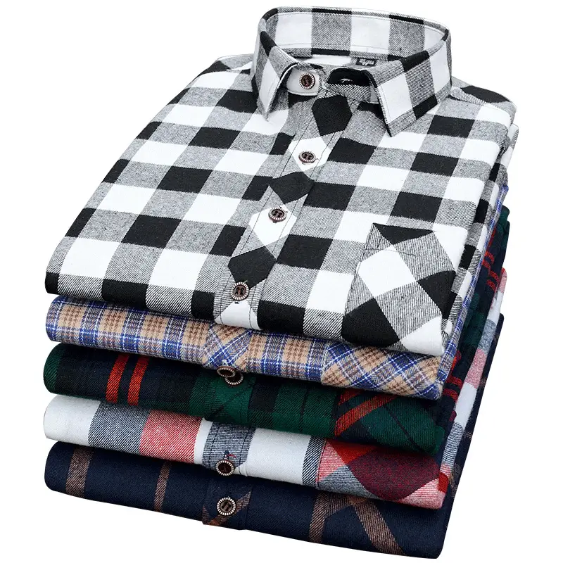 Brushed Plaid Shirt Men Slim Fit No Ironing